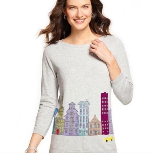 TALBOTS Women Thin Stretch Cotton Rayon Sweater Embroidered City View M - Picture 1 of 8